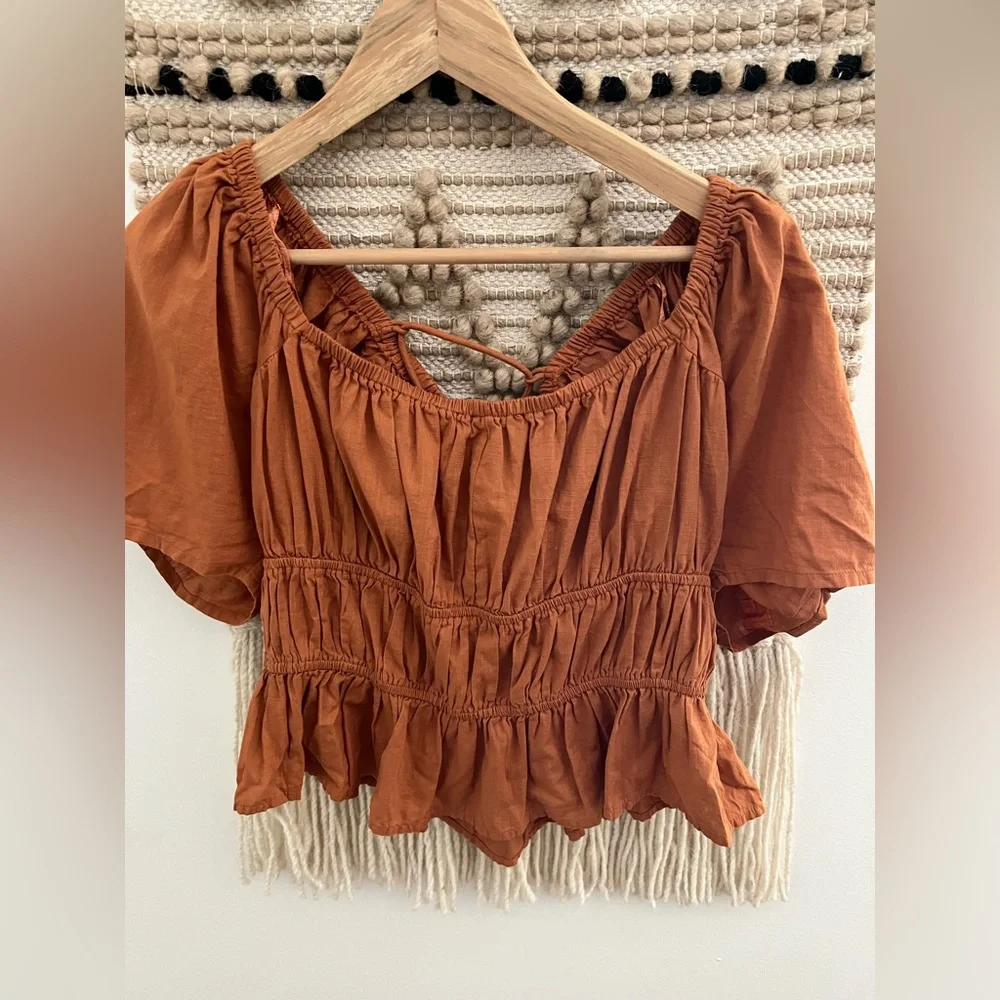 Free People Rust Puff Sleeve Blouse